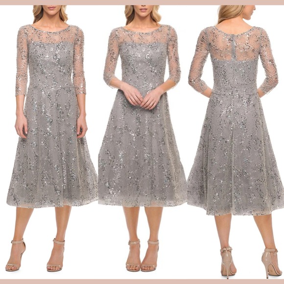 La Femme Dresses & Skirts - NWT $458 La Femme [ 10 ] 30002 Lace Beaded Short Midi A Line Dress Silver S2106